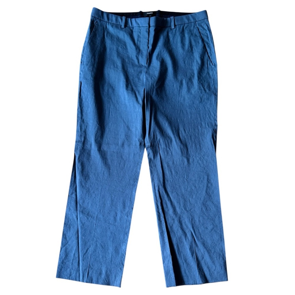Theory Hartsdale Crunch Wash Pant Blue Linen Blend Size 8 Work Career
